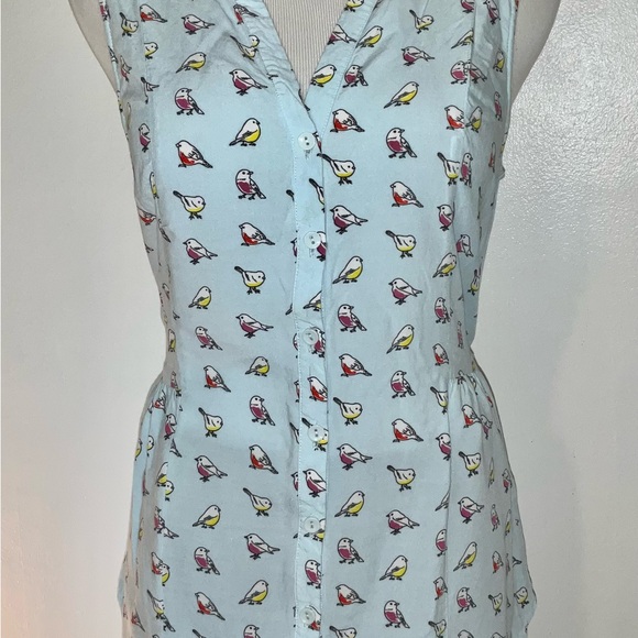 Modcloth Blue Bird Print Buttoned Mandarin Collar Blouse - Picture 3 of 9